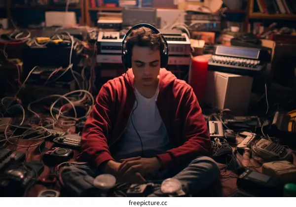 Young male sits on the floor of a cluttered room filled with electronic equipment