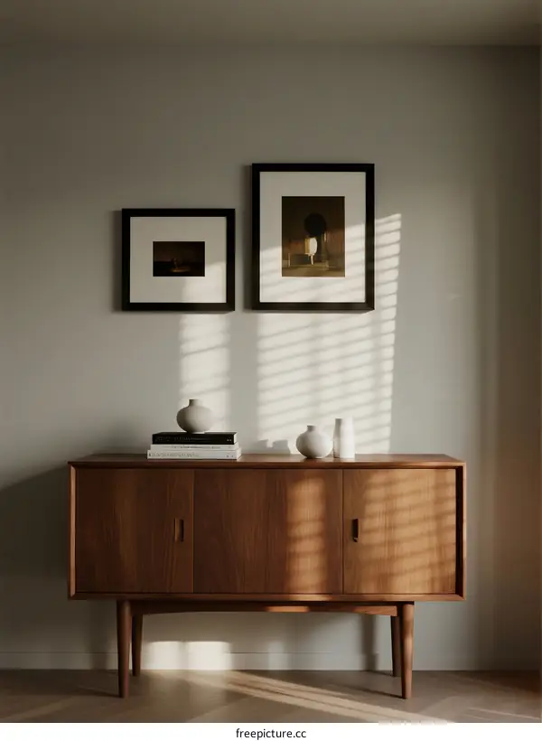 Minimalist wooden cabinet with framed pictures on wall