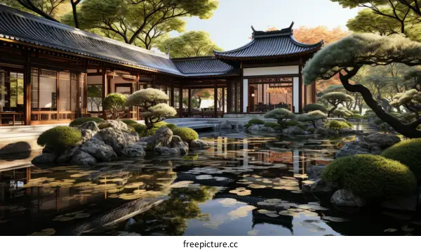 Serene Courtyard with Pond and Pavilion