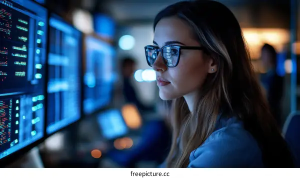 Focused Female Technician Monitoring Multiple Screens