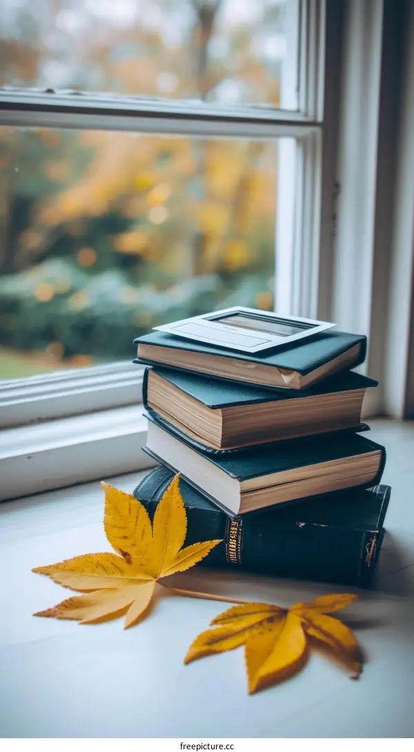 A stack of books by the window