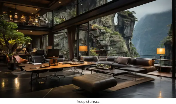 Futuristic mountain house interior with large glass windows