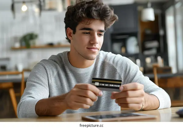 Young Man Paying with Credit Card in Cafe
