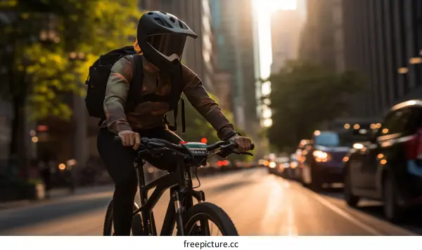 Cyclist riding an electric bike through a busy city street with cars and buildings in the background