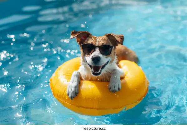 A smiling dog wearing sunglasses floats in a yellow inner tube in a swimming pool