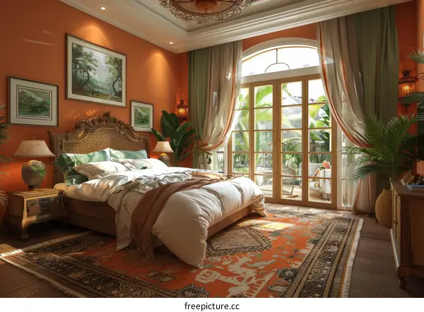 Cozy Orange Bedroom with Lush Greenery