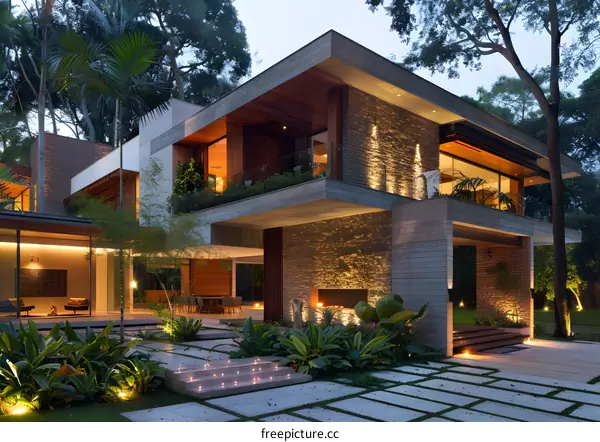 Modern House Exterior With Stone Wall And Lush Green Landscaping