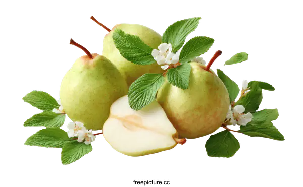 [Transparent Background PNG]Fresh Pears with Blossoms and Leaves