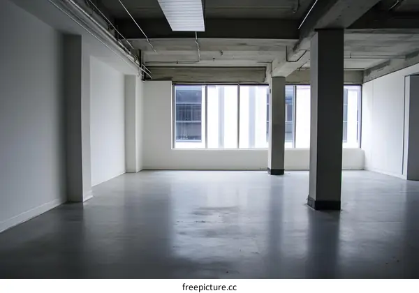 Empty Modern Office Space With Large Windows and Concrete Columns