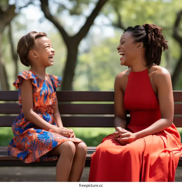 A mother and her daughter are sitting on a bench in a park, laughing.