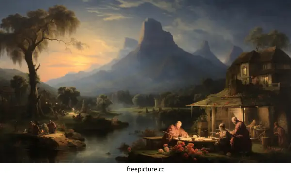 Two Men Reading and Writing in a Quiet Mountain Landscape by a River