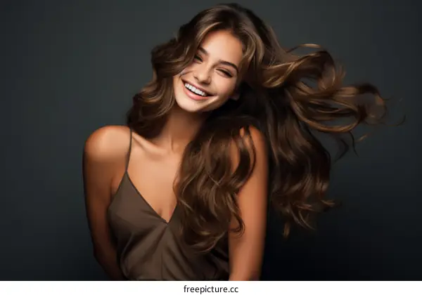 Portrait of a beautiful young woman with long brown hair smiling