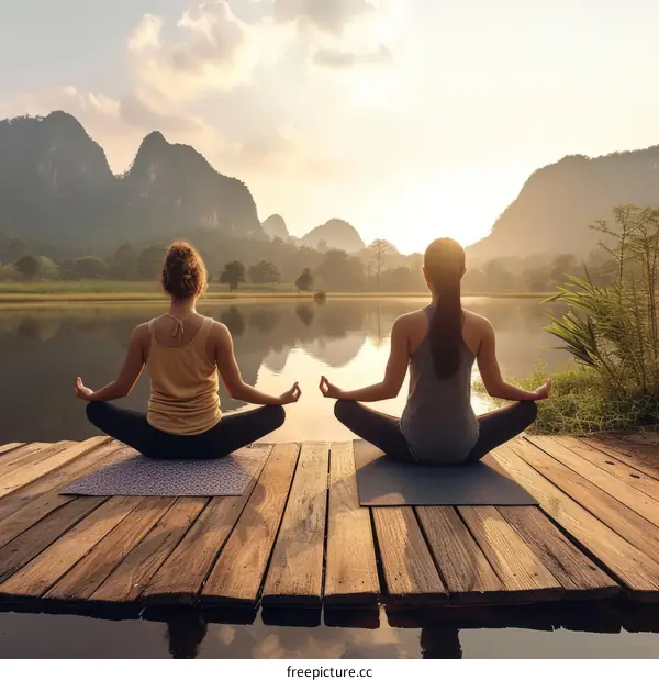 Two women meditating on a dock at sunrise