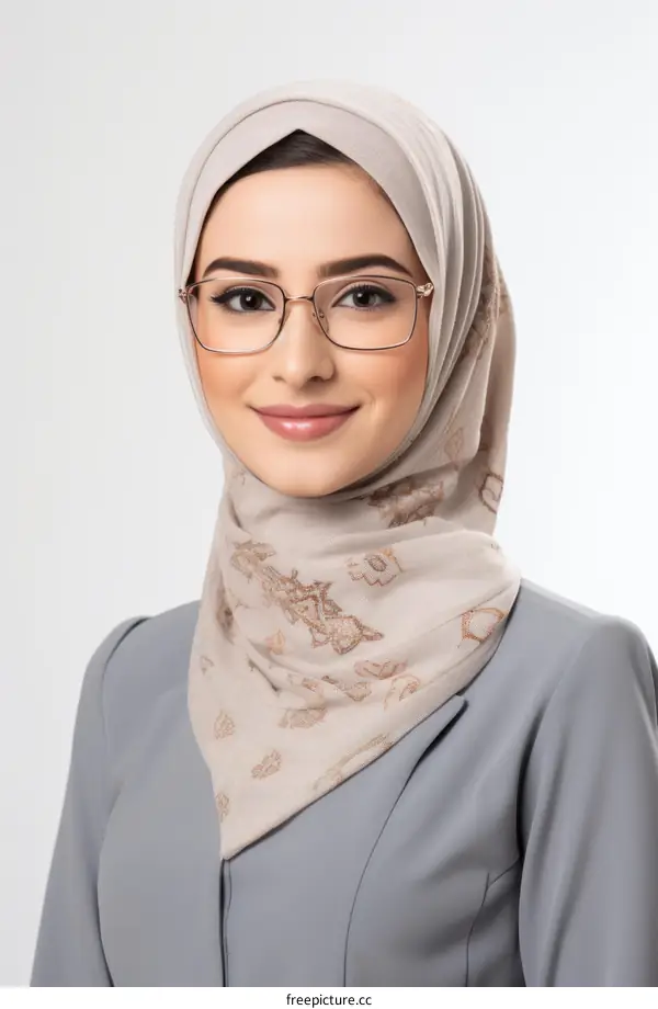 A young woman wearing a head scarf and glasses is smiling at the camera.