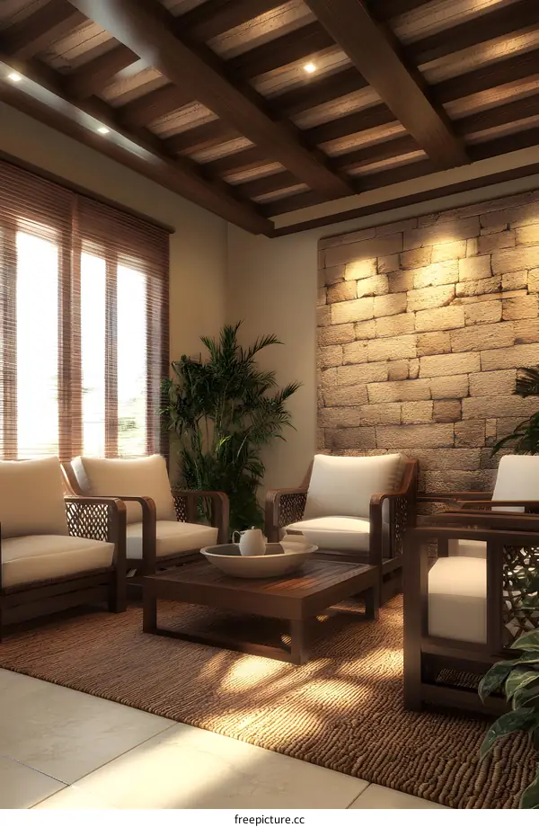 Modern Living Room Interior Design With Wooden Beams And Stone Wall