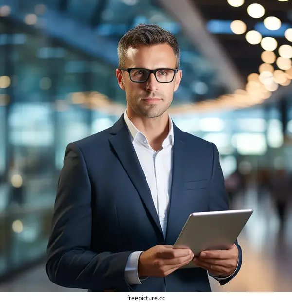 Businessman in suit holding tablet looking at camera