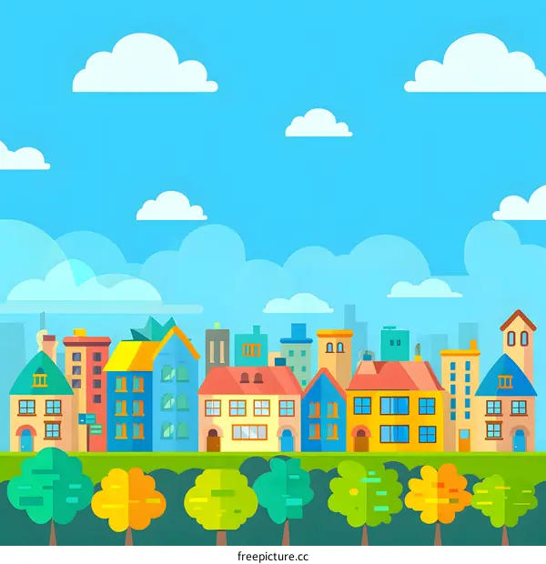 Cartoon Cityscape Illustration With Colorful Buildings And Blue Sky