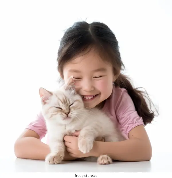 A young girl hugging a white cat