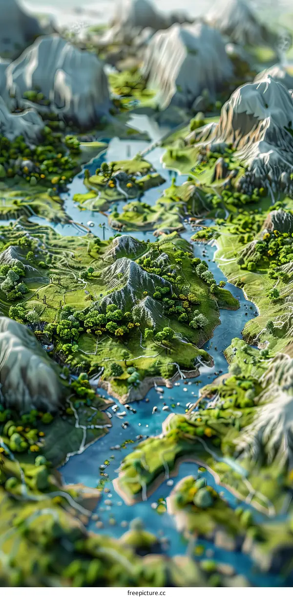Fantasy Isometric Landscape with Mountains, Valleys, and Rivers