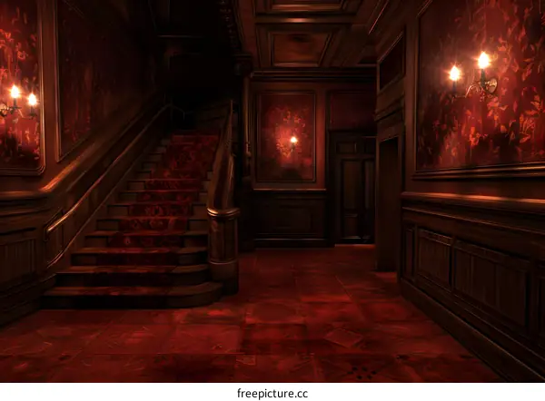 Dark Red Staircase in a Grand Hall
