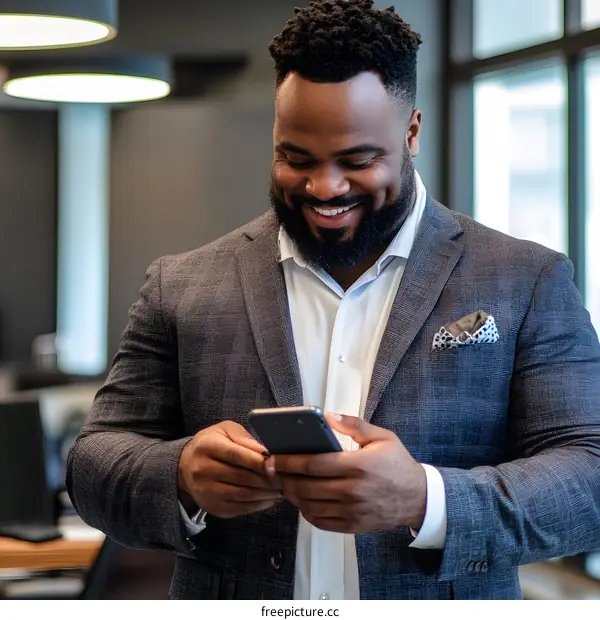 Smiling African American Businessman Using Smartphone in Office
