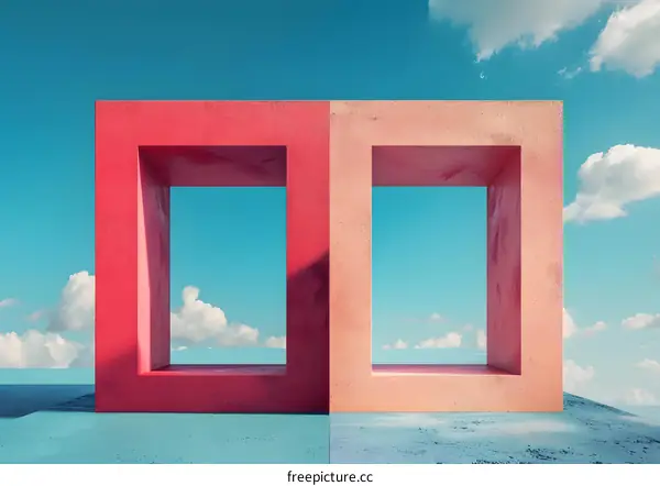 Two concrete frames in the middle of a blue ocean with a cloudy sky above