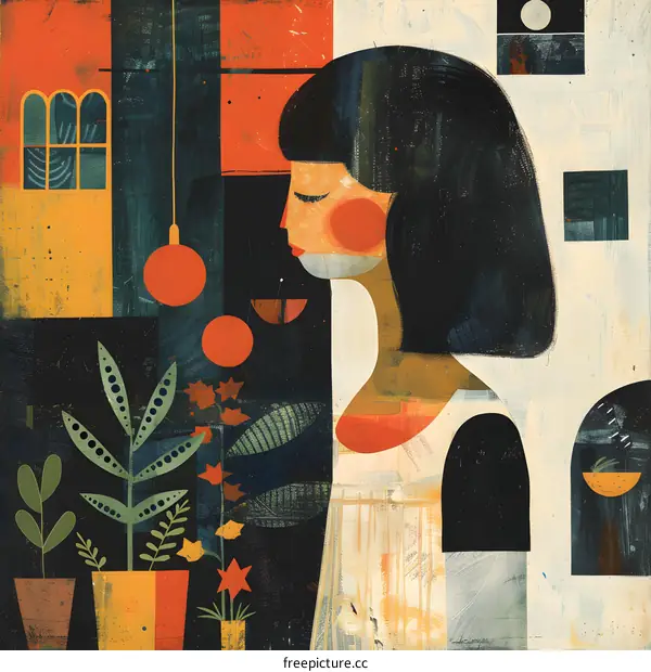 Abstract Illustration of a Woman with Plants and Geometric Shapes