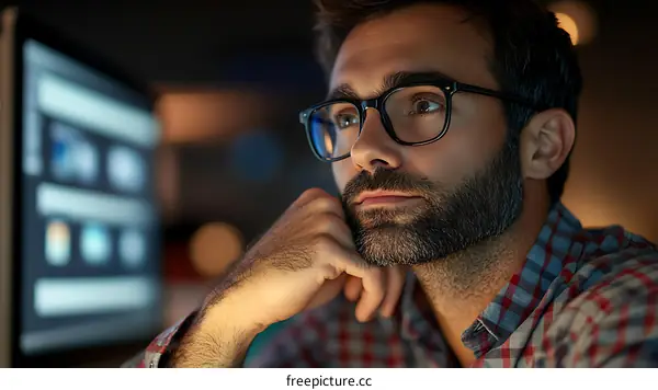 Focused Man Looking at Computer Screen