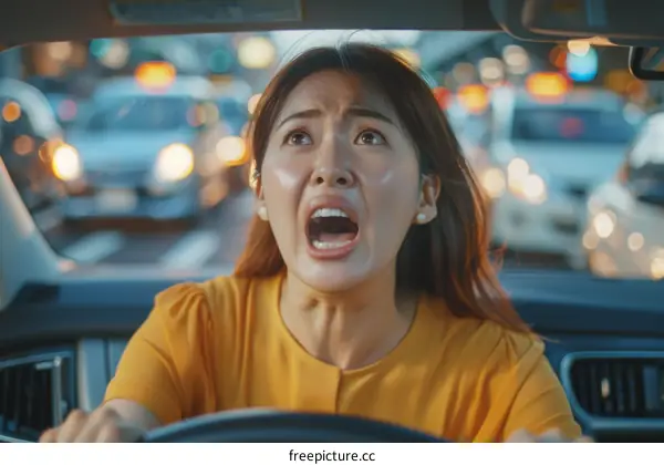 A woman is driving a car and she is very scared
