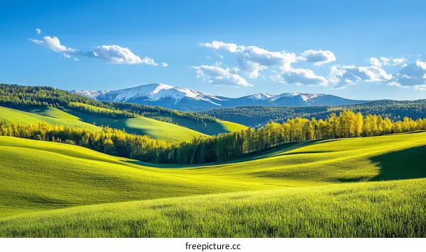 Beautiful Springtime Landscape with Rolling Hills and Snowy Mountains
