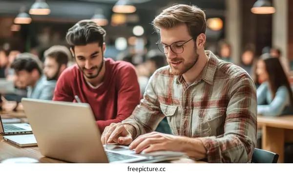 Two Young Adults Working Together on Laptops in a Cafe