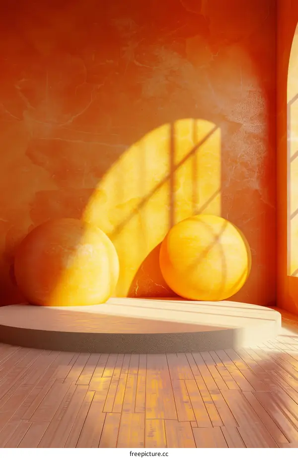 Orange Interior Scene with Wooden Platform and Decorative Balls
