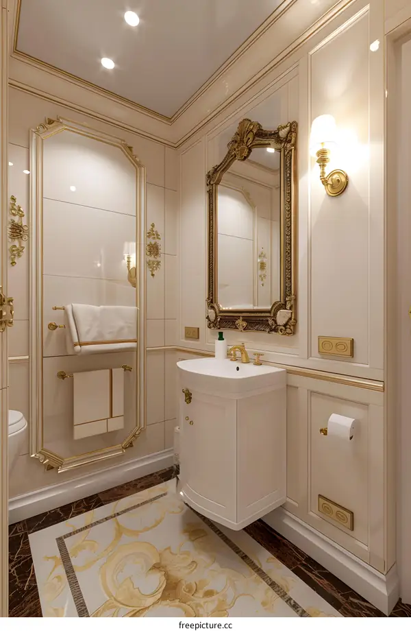 Luxury Bathroom Interior Design With White And Gold Decor