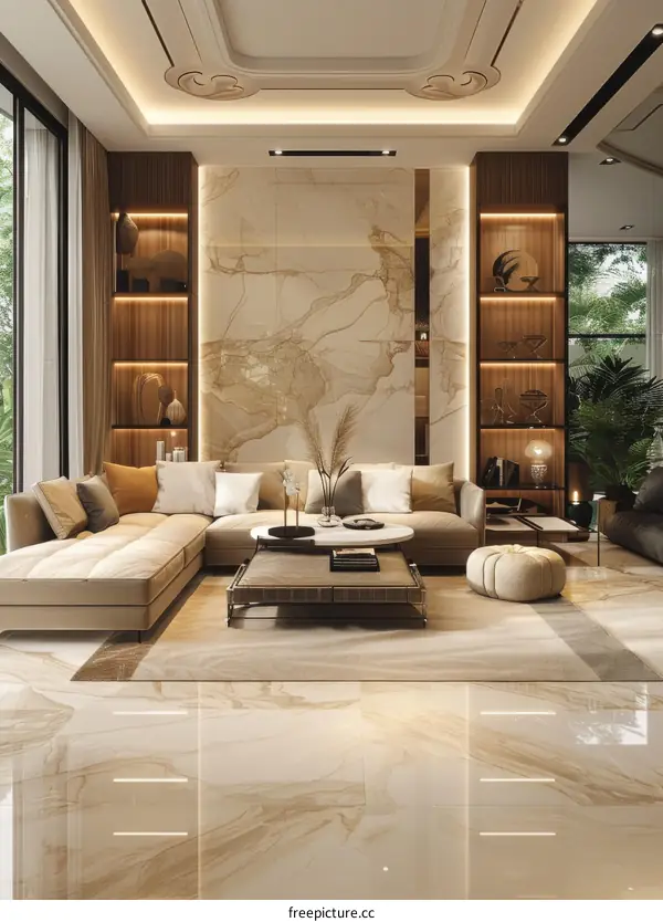 Modern and Elegant Living Room Interior Design with Marble Walls and Large Windows