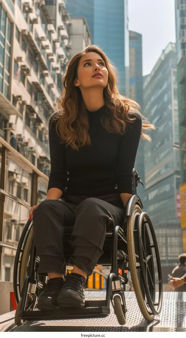 The girl in the wheelchair looking up at the high-rise buildings