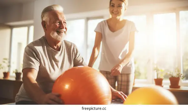 An elderly man and a young woman are exercising with a ball