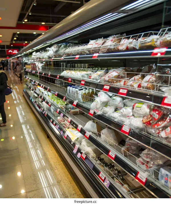 Refrigerated Food Display in Supermarket Aisle