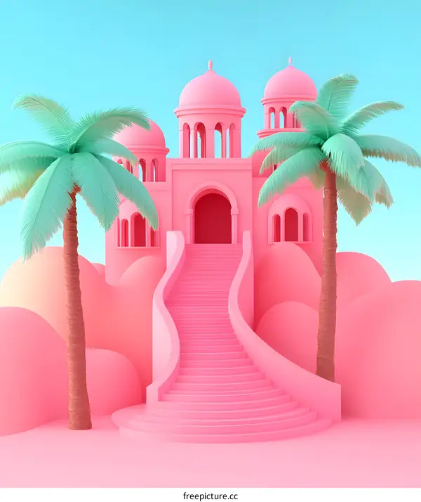 Pink Castle With Palm Trees In The Desert