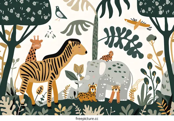 Cute Animals Illustration in Jungle with Zebra Giraffe Elephant and Leopard
