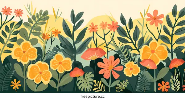 Colorful Flower Illustration with Green Leaves in a Garden