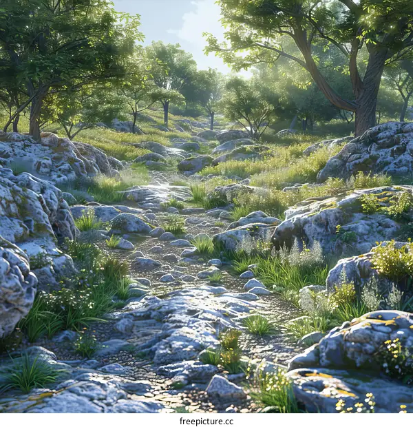 Rocky Field Overgrown with Grass and Moss