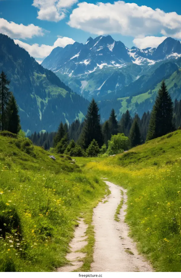 Pathway to Snow-Capped Mountains Through a Lush Valley
