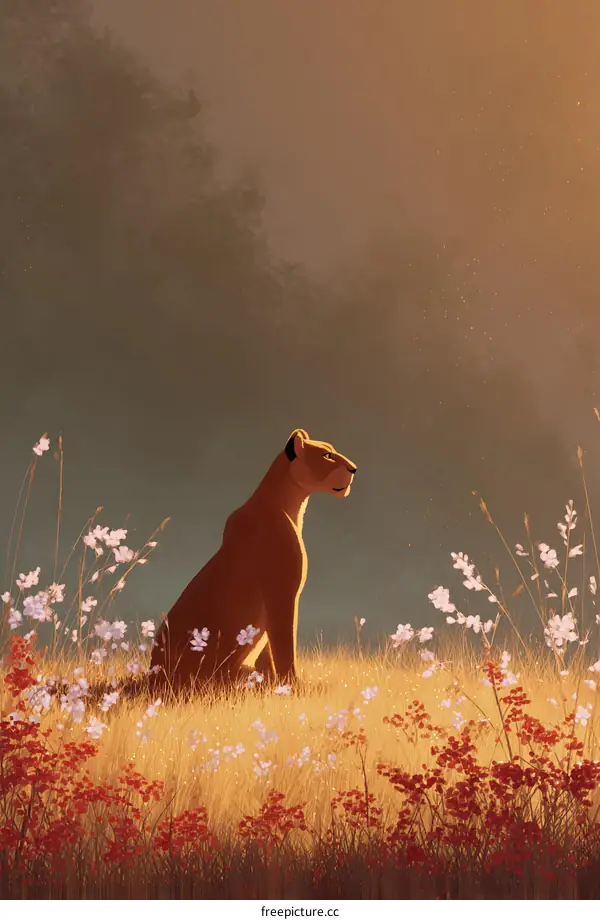 Lioness in a Sunrise Meadow Illustration