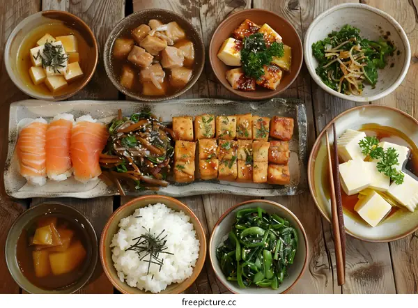 A delicious and healthy Japanese meal with tofu, salmon, and vegetables
