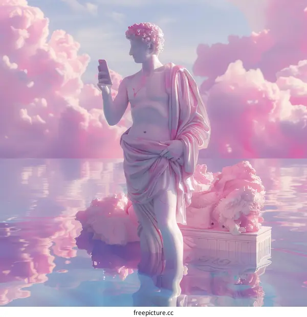 Statue of a Greek God with pink clouds and water