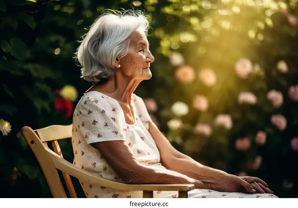 An elderly woman is sitting in a garden and enjoying the sunshine