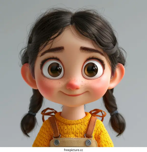 3D Cartoon of a Cute Girl with Big Eyes and Brown Hair