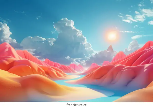 Pink Alien Landscape with Blue River and Clouds
