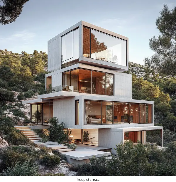 Modern Concrete House in a Lush Forest Landscape