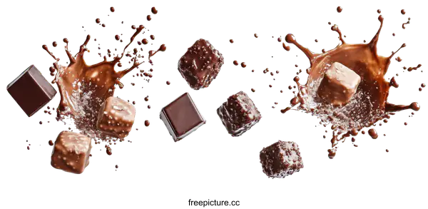 [Transparent Background PNG]Chocolate Cubes in Motion with Melted Chocolate Splashes